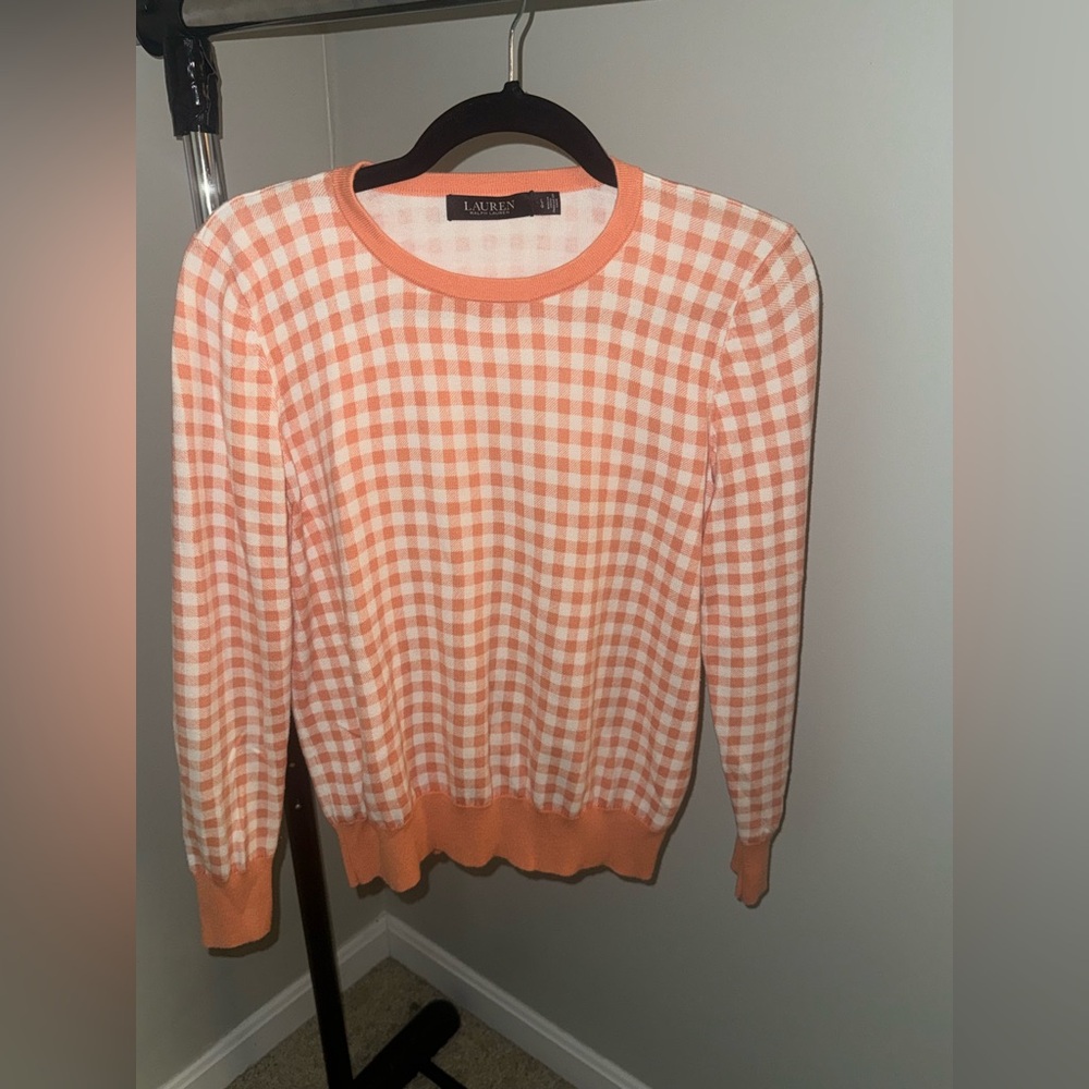 Lauren Ralph Lauren Orange White Gingham Knit Pullover Sweater L